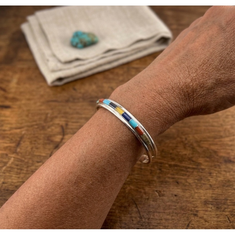 Zuni Multi Stone Inlay Slim Cuff‎ Bracelet Sterling Silver Sz 6.75in - Picture 3 of 6